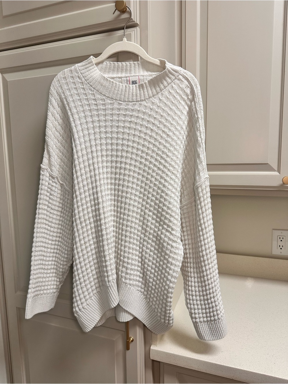 BDG White Waffle-Knit Crewneck Sweater
